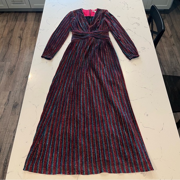 2741 Jonathan Simkhai Rainbow Metallic Pleated Long Sleeve V-Neck Party Gown 4 - Picture 3 of 9